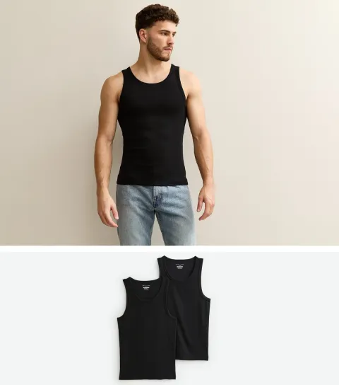 Men's Pack of 2 Black Muscle Fit Ribbed Vest Tops