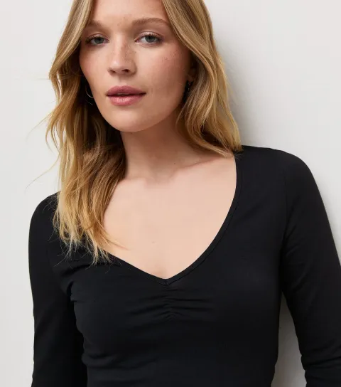Women's Black Cotton Rich Ruched V-Neck Cropped Sleeve Top