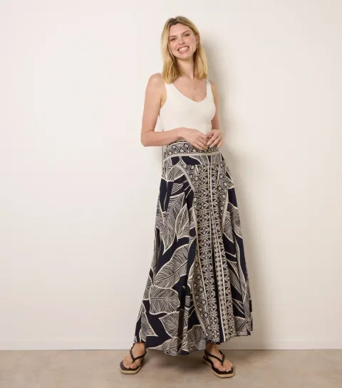 Women's Navy Deep Waist Flowy Trousers