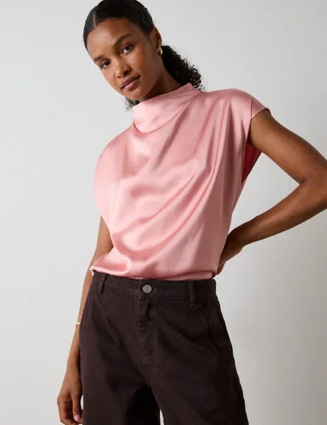 Whistles Satin Cowl Neck Blouse Light Pink