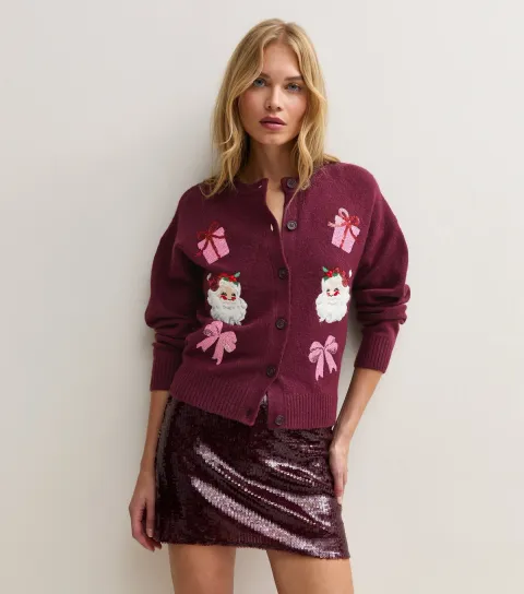 New Look Women's Red Christmas Santa Sequin Embellished Crew Neck Cardigan