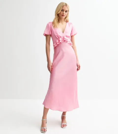 Women's Tall Light Pink Satin Empire Line Ruffle Trim Midi Dress