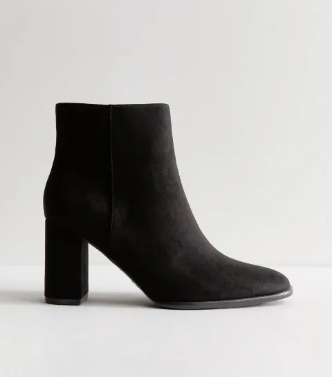 Women's Black Faux Suede Almond Toe Block Heel Ankle Boots Vegan