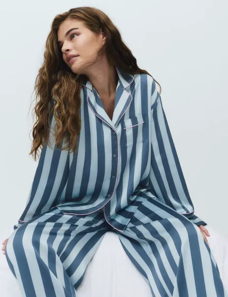 Marks & Spencer Dream Satin Striped Revere Pyjama Set Blue Mix