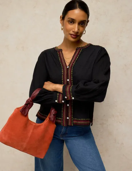 White Stuff Embroidered Notch Neck Cotton Top Black Mix
