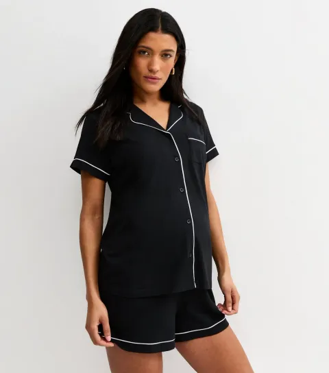 Women's Maternity Black Jersey Revere Collar Pyjama Shorts Set