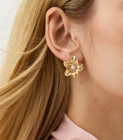 Gold Tone Flower Shaped Faux Pearl Stud Earrings