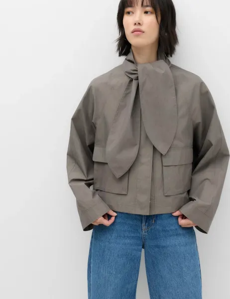 Marks & Spencer Cotton Rich Tie Neck Cropped Jacket Silver