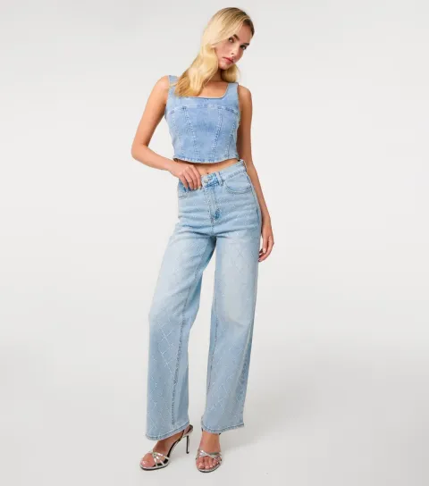 Women's Light Blue Diamanté Embellished Wide Leg Jeans