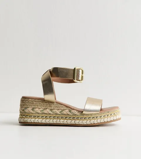 New Look Women's Gold Faux Leather Embroidered Wedge Sandals Vegan