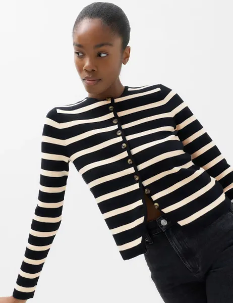 Marks & Spencer Cotton Rich Striped Slim Fit Cardigan Black Mix