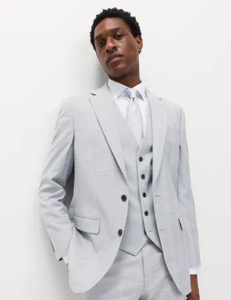 Marks & Spencer Check Stretch Waistcoat Light Grey Mix
