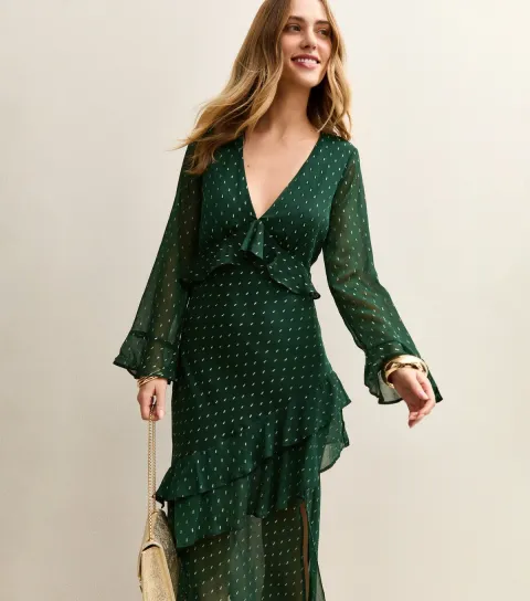 Women's Dark Green Foil Spot Ruffle Trim Midi Dress