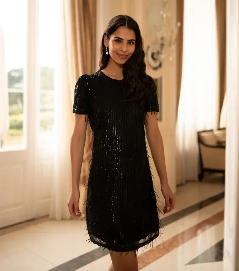 Women's Black Hanging Sequin Tunic Mini Dress