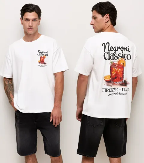 Men's White Cotton Regular Fit Negroni Graphic Print T-Shirt