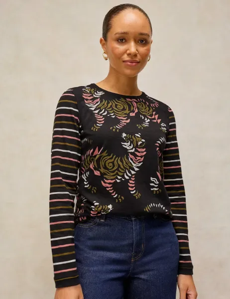 White Stuff Pure Cotton Printed T-Shirt Black Mix