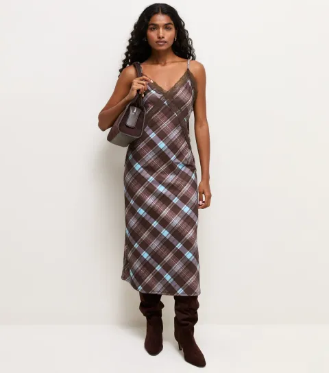 Women's Blue Checked Lace Trim Strappy Midi Slip Dress