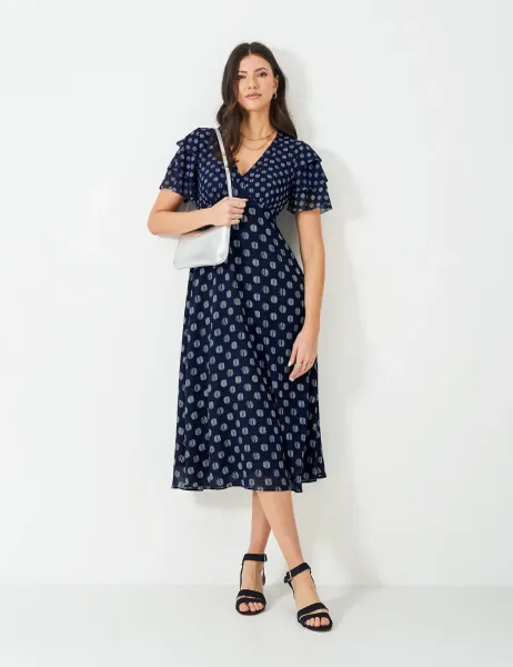 Crew Clothing Polka Dot Flutter Sleeve Midi Tea Dress Navy