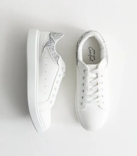 New Look Women's White Glitter Panel Faux Leather Trainers Vegan