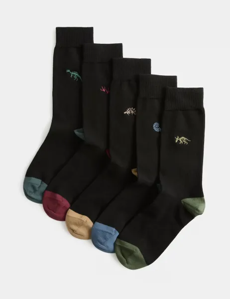 Marks & Spencer 5pk Cool and Fresh Dinosaur Cotton Rich Socks Black Mix
