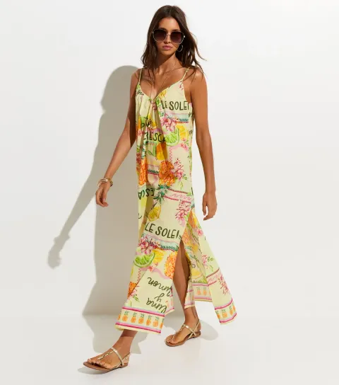 Women's Multicoloured Fruit Print Slit Hem Cotton Maxi Dress