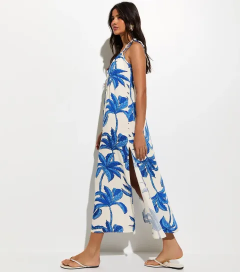 Women's Blue Palm Tree Print Beach Maxi Dress