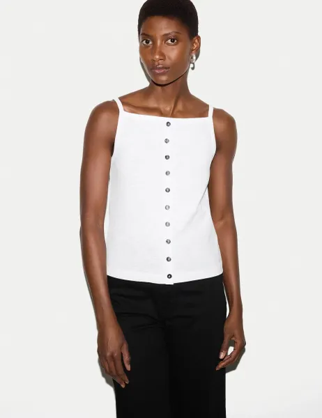 Jigsaw Pure Cotton Button Detail Cami Top White