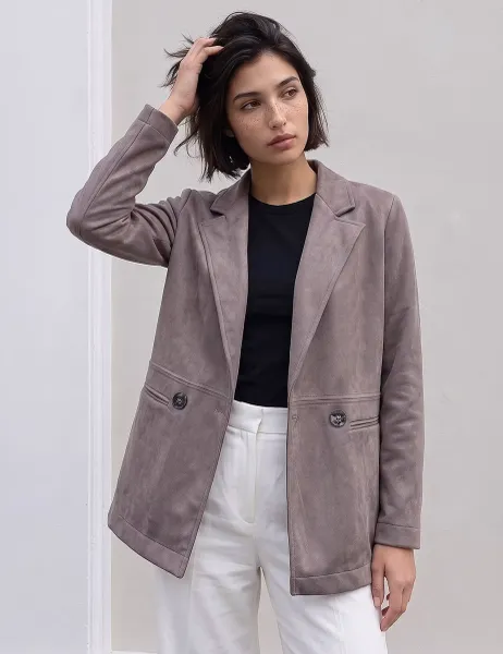 Roman Petite Suedette Lightweight Collared Jacket Taupe