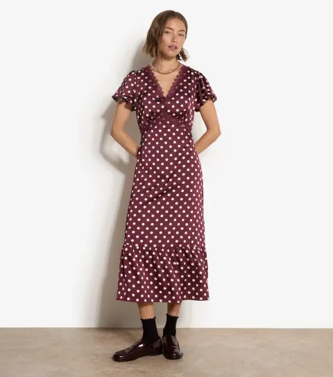 Apricot Women's Dark Burgundy Polka Dot Lace Trim Midi Dress