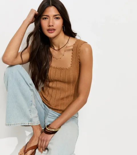 Women's Tan Pointelle Square Neck Vest