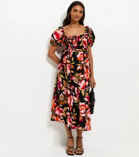 Women's Maternity Black Floral Milkmaid Midi Dress