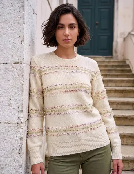 Roman Textured Striped Jumper Ivory Mix