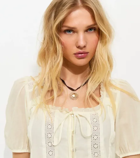 Women's Cream Lace Insert Ruffle Trim Top