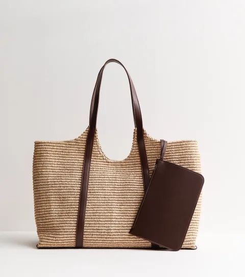 Stone Woven Hobo Tote Bag with Zip Pouch