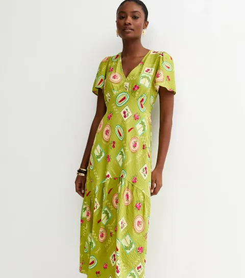 Women's Green Fruit Print Tiered Midi Tea Dress