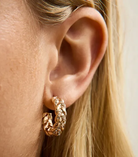 Gold Tone Diamante Embellished Plaited Mini Hoop Earrings