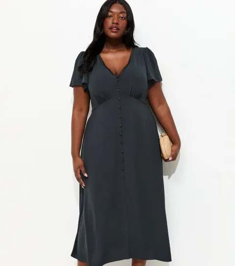 Women's Plus Size Navy Lace Trim Midi Tea Dress Curves