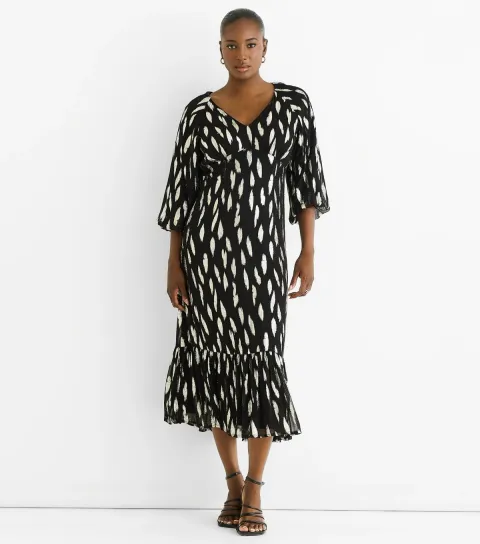 Women's Black Patterned Gathered Hem Midi Dress