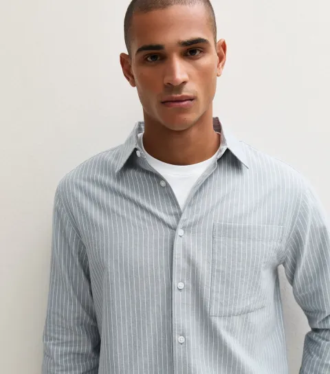 New Look Men's Grey Cotton Boxy Fit Long Sleeve Striped Shirt