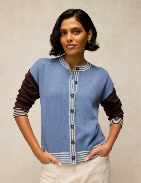 White Stuff Wool Blend Colour Block Cardigan with Cotton Blue Mix
