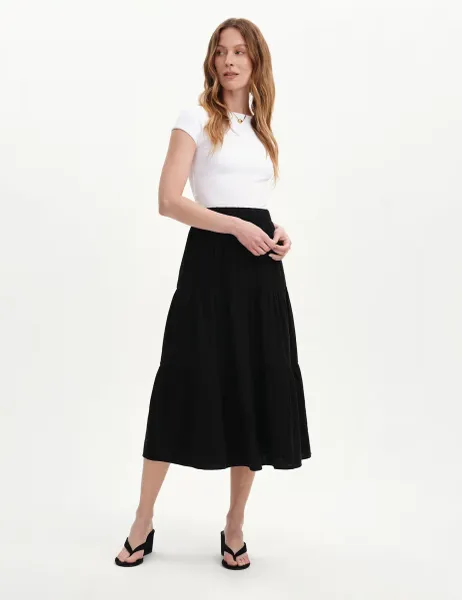 Finery London Pure Cotton Cheesecloth Midi Tiered Skirt Black