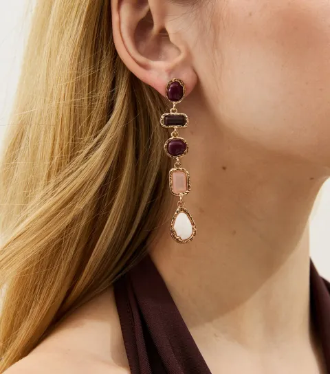 Gold Tone Burgundy Enamel Drop Stud Earrings