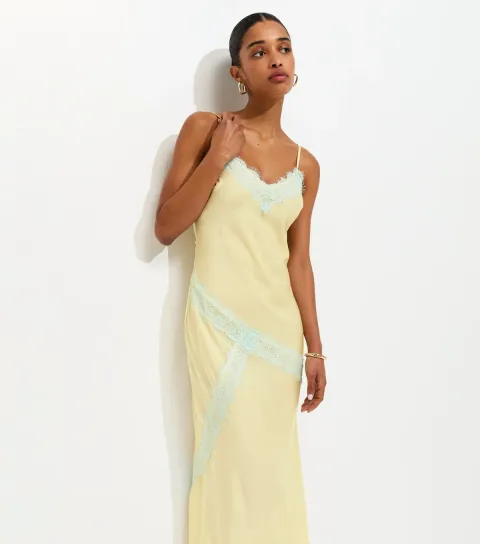 Women's Yellow Contrast Lace Midi Dress
