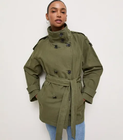 Women's Dark Khaki Cotton Funnel Neck Tie Waist Trench Jacket
