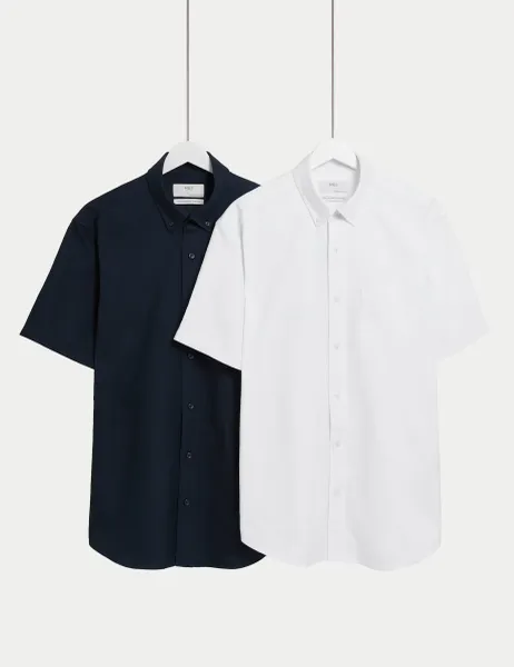 Marks & Spencer Ultimate 2 Pack Short Sleeve Oxford Shirts Navy Mix