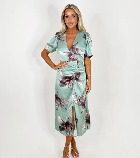 Women's Mint Green Floral Ruched Midi Dress