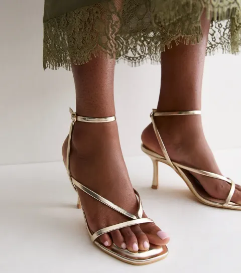 Women's Gold Faux Leather Toepost Strappy Stiletto Heels 80 Vegan