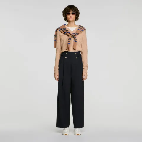 Buttoned wide-leg wool trousers