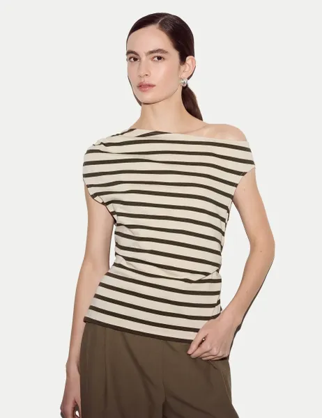 Jigsaw Pure Cotton Striped Off the Shoulder T-Shirt Khaki Mix