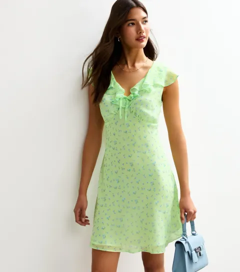 Women's Green Ditsy Print Ruffle Trim Chiffon Mini Dress